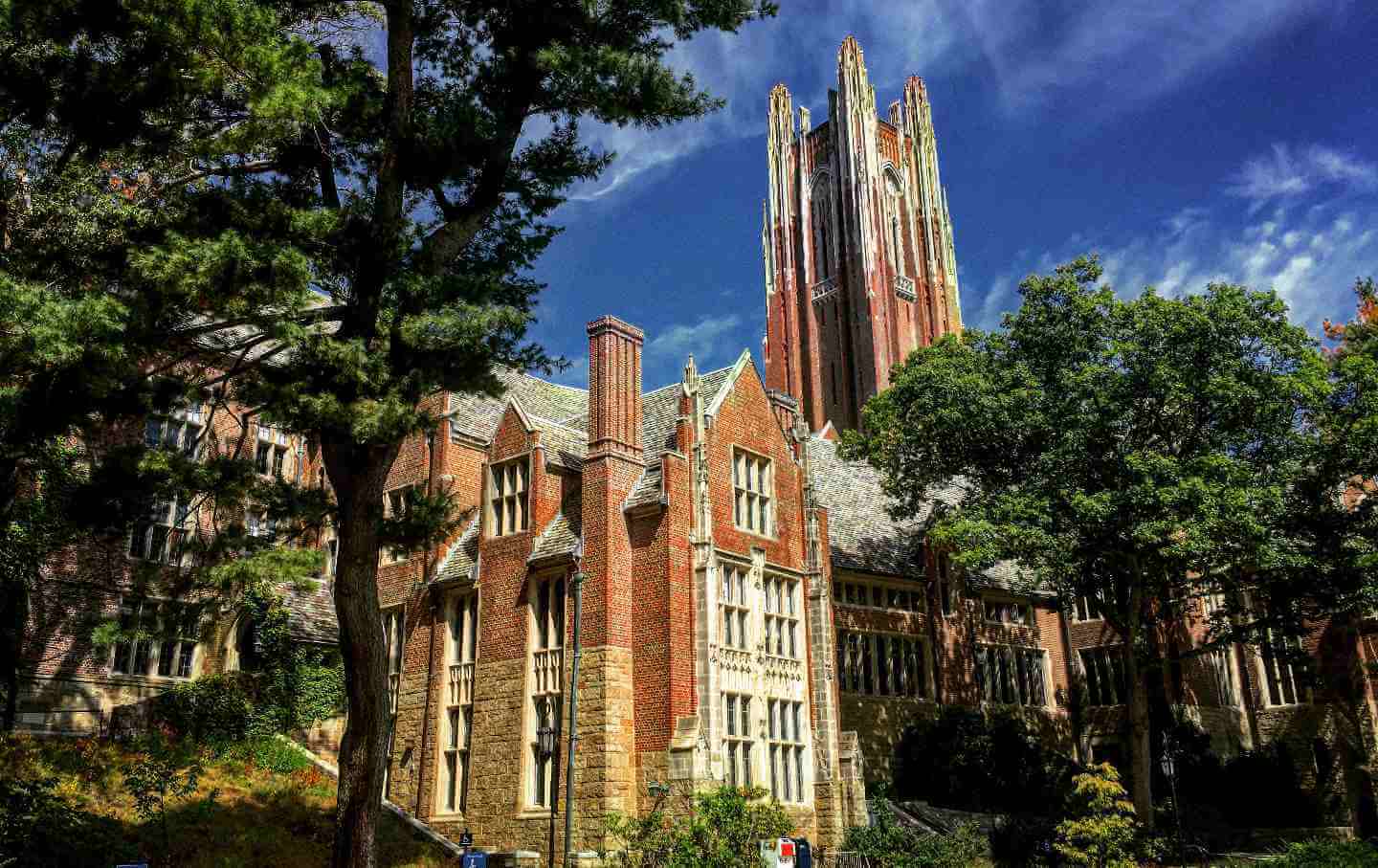 Historic university building surrounded by trees under a blue sky with a tall tower in the background.