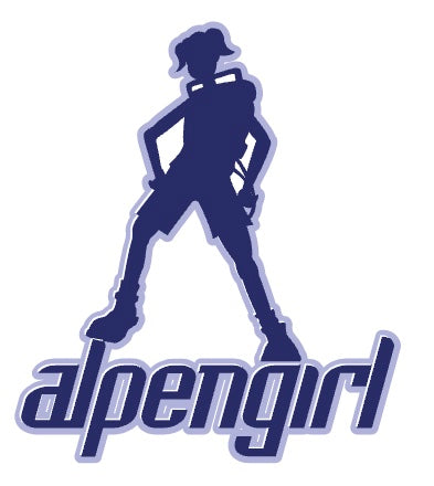 Silhouette of a girl in hiking gear with the text "alpengirl" underneath, representing adventure and summer camps.