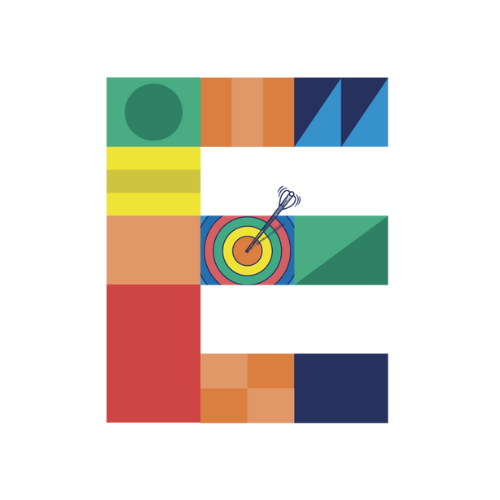 Colorful letter "E" featuring a target design, symbolizing focus and creativity in summer camps and educational programs.