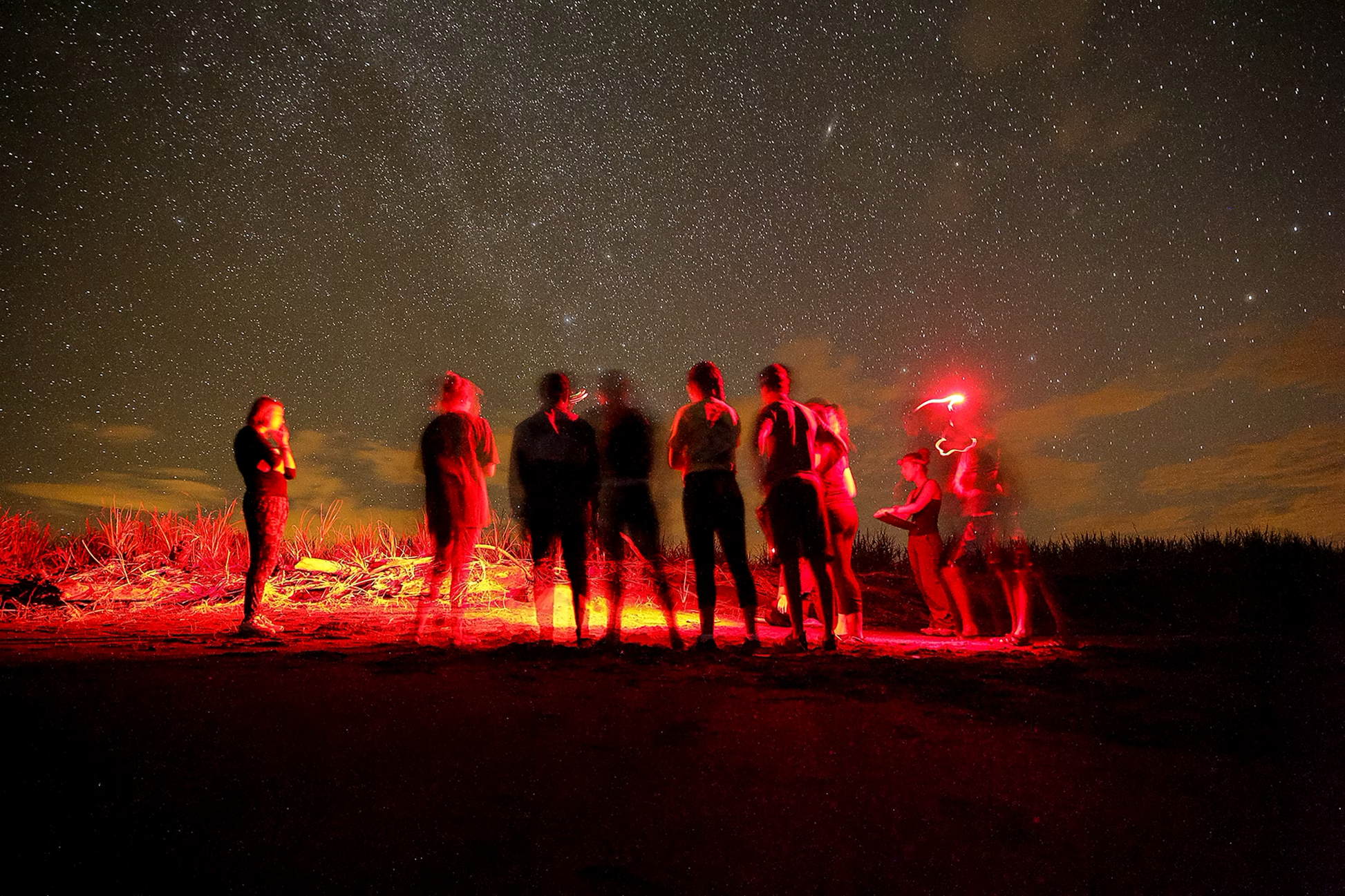 Participants in a Costa Rica turtle conservation project gather under a starlit sky, using red lights to protect nesting sea turtles.